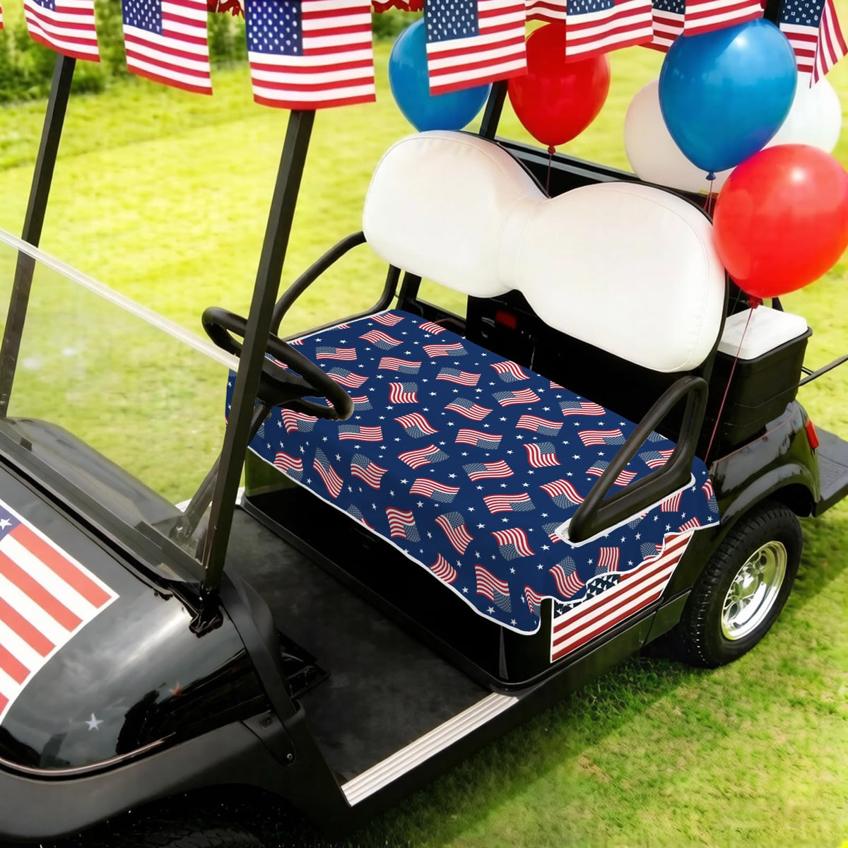 awufncksn seat cover installed on a club car, aligned with armrest holes