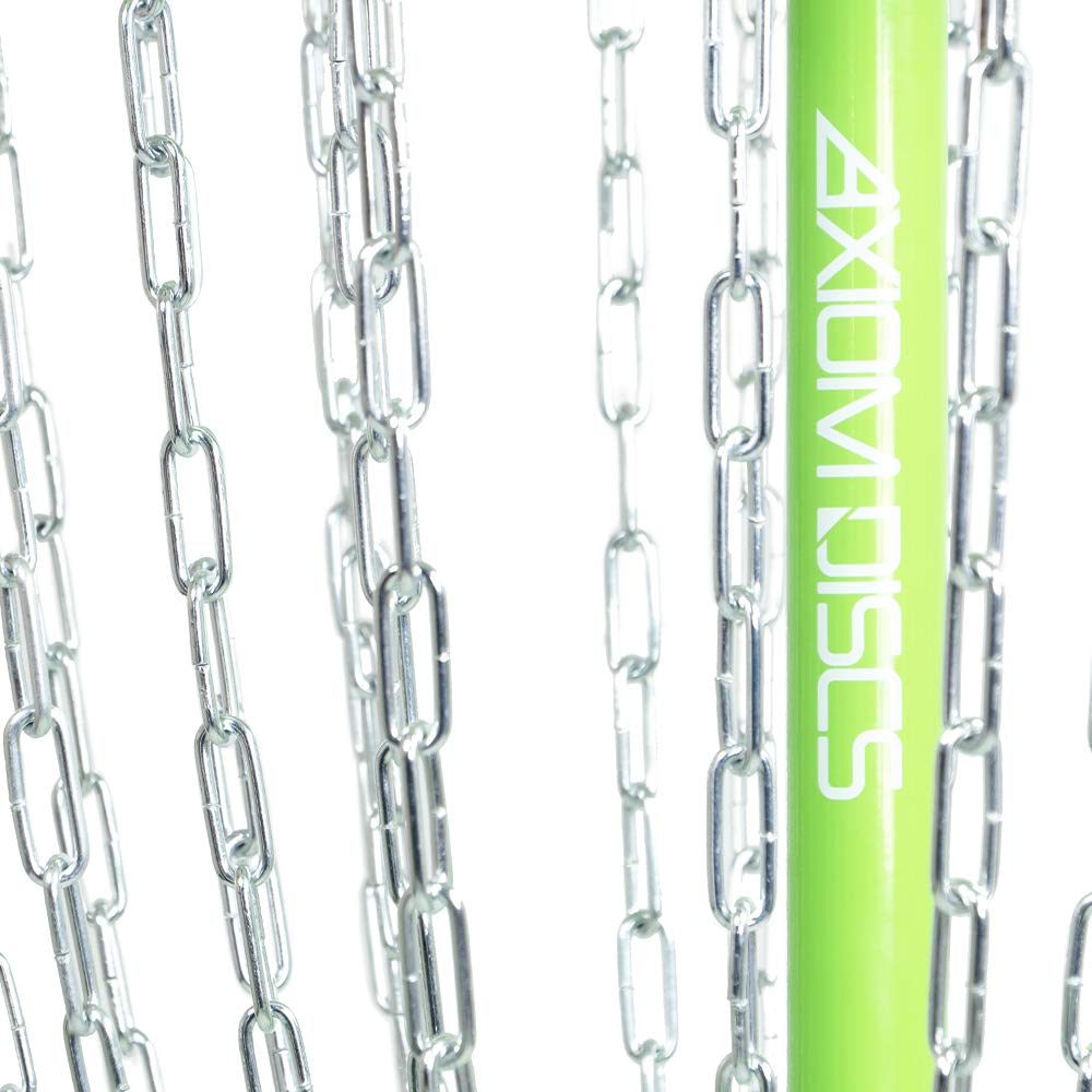 Axiom Discs Lite Basket Lime includes ground stakes for wind stability.