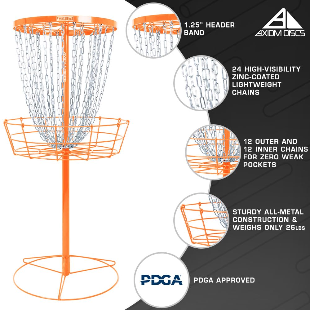 Axiom Discs Lite orange basket folded for transport, portable setup.