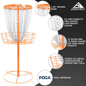Axiom Discs Lite orange basket folded for transport, portable setup.