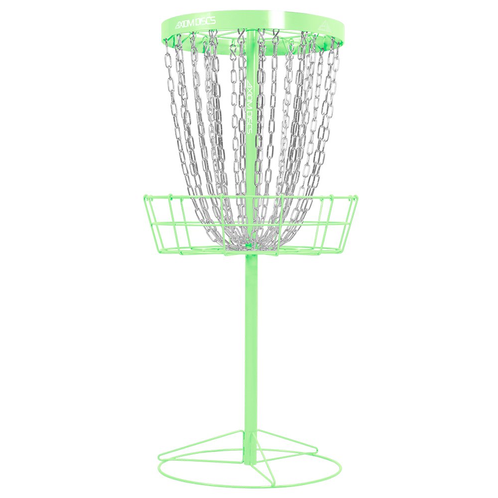 Axiom Discs Pro 24-chain basket in lime catches discs reliably during practice.