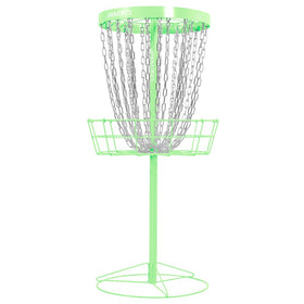 Axiom Discs Pro 24-chain basket in lime catches discs reliably during practice.