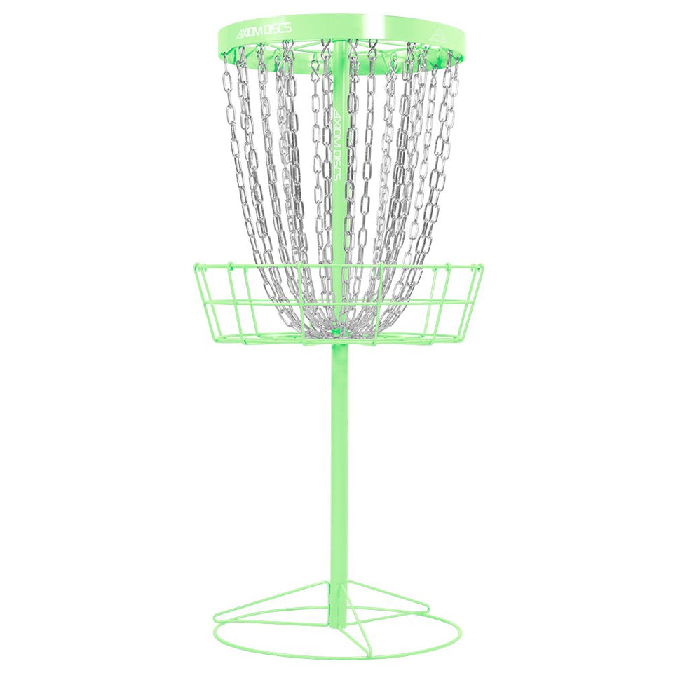 Axiom Discs Pro 24-chain basket in lime catches discs reliably during practice.