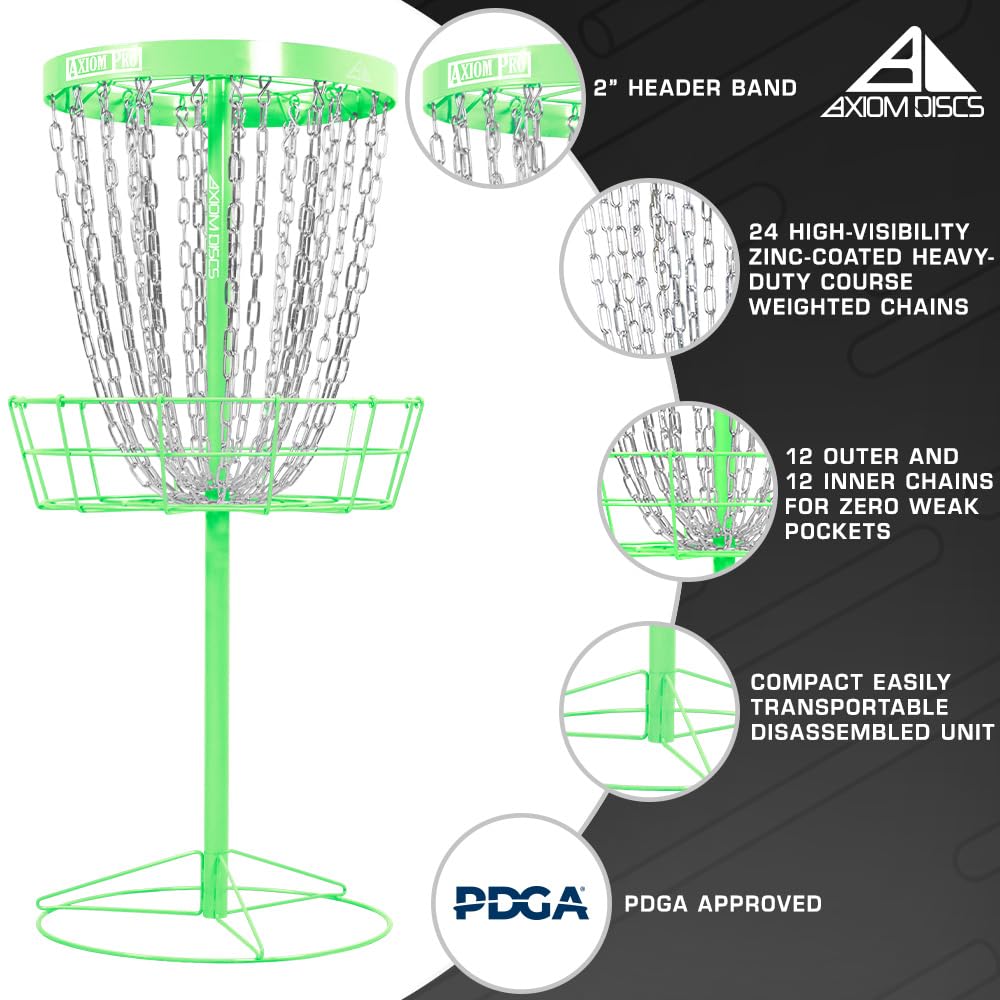 Axiom Discs Pro base in lime provides stable outdoor setup.