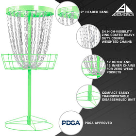 Axiom Discs Pro base in lime provides stable outdoor setup.
