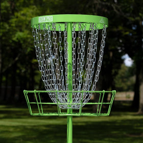 Axiom Discs Pro ground-stakes in lime improve wind stability on windy days.