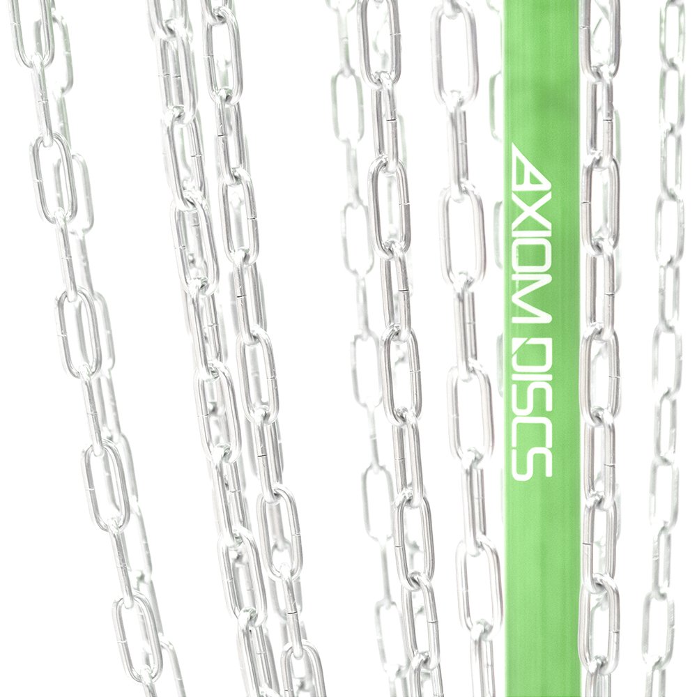 Axiom Discs Pro top cap in lime aligns chains securely for better catches.