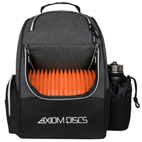 Axiom Discs Shuttle backpack front view in black, ideal for tournament days.