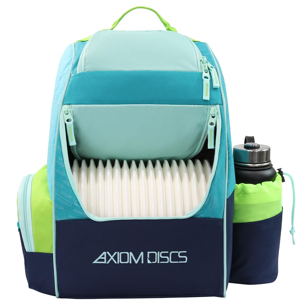 Axiom Discs Shuttle backpack front view in mint-dark aqua showing main disc storage