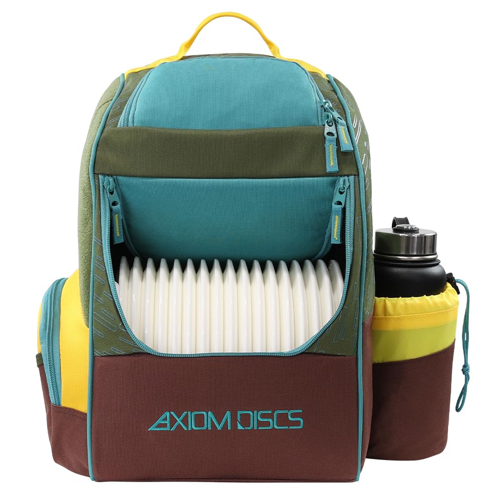 Axiom Discs Shuttle backpack in olive, front view showing compact, versatile design