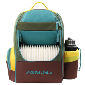 Axiom Discs Shuttle backpack in olive, front view showing compact, versatile design