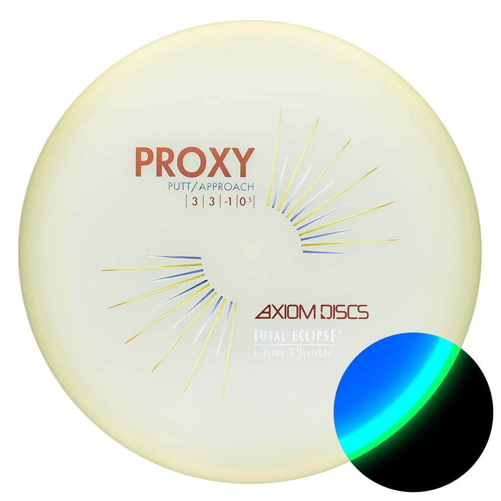 Axiom Discs Proxy Putter Total Eclipse Glow in purple supports easy tracking and straight throws.