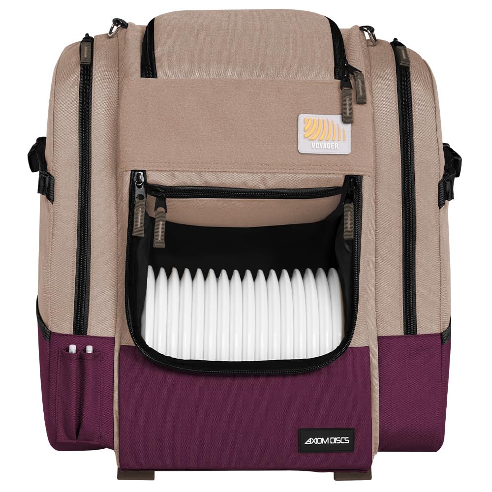 Axiom Discs Voyager backpack shows padded shoulder straps for comfortable all-day carry.