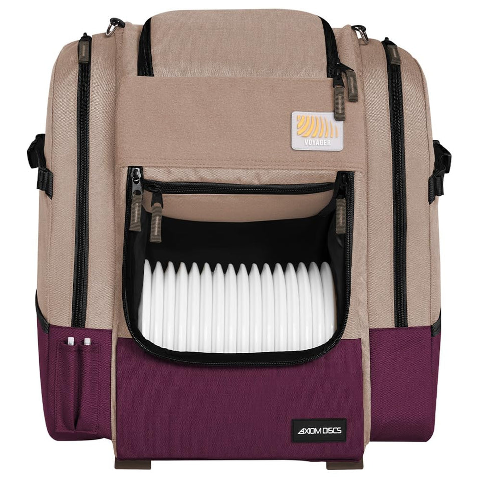 Axiom Discs Voyager backpack shows padded shoulder straps for comfortable all-day carry.