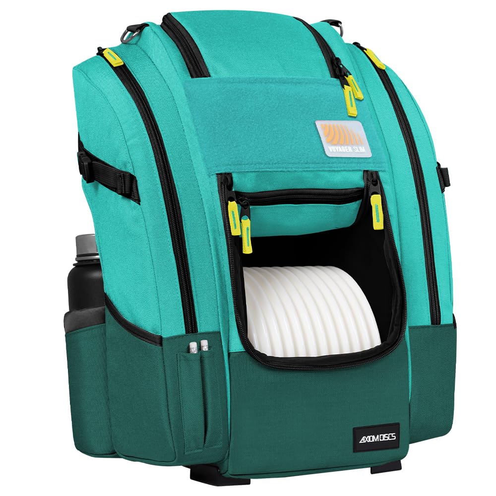 Axiom Discs Voyager Slim in Aqua/Emerald shows upper pocket for quick access.