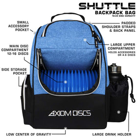 Axiom Discs Shuttle Backpack main compartment open showing capacity for 18+ discs