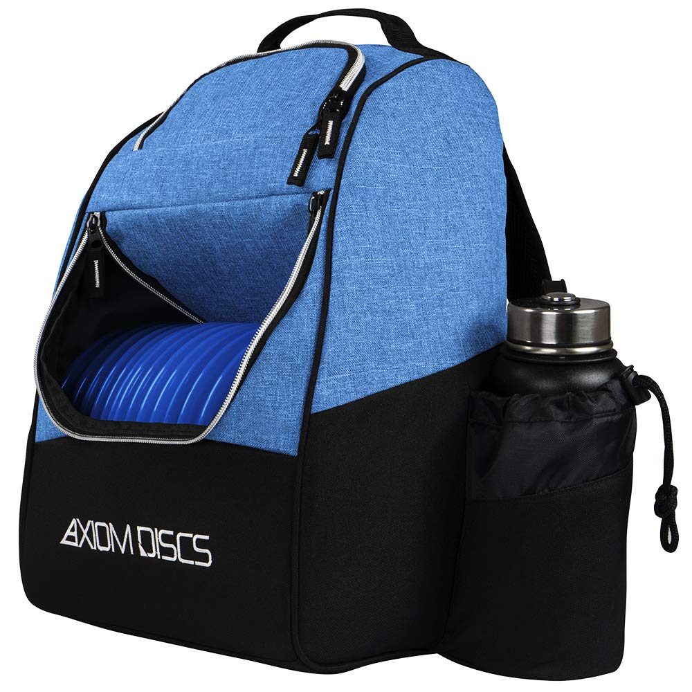 Axiom Discs Shuttle Backpack side pocket and water bottle holder in use