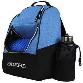 Axiom Discs Shuttle Backpack side pocket and water bottle holder in use