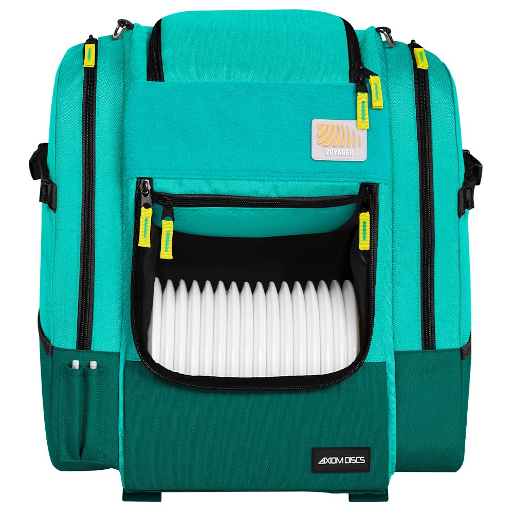 Axiom Discs Voyager front view in Aqua/Emerald showing spacious main compartment.