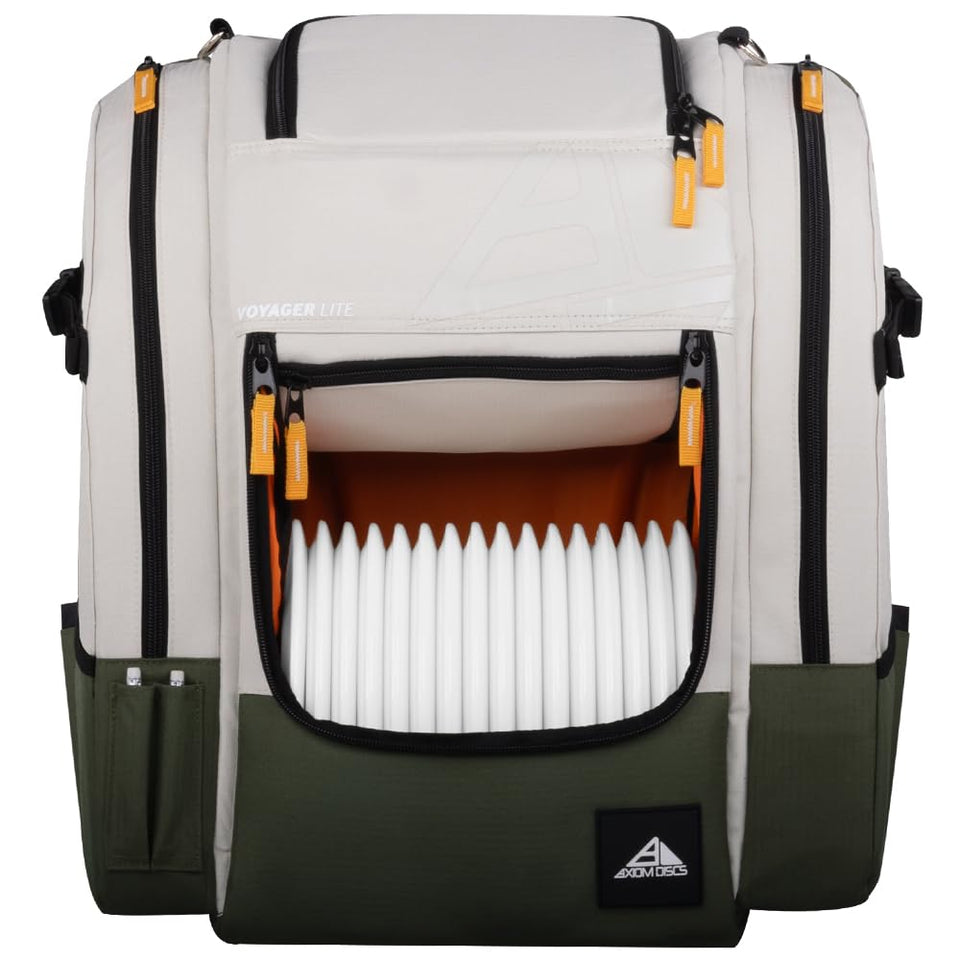 Axiom Voyager Lite backpack in beige olive ready for 18+ discs on the course.