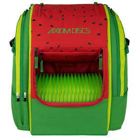 Axiom Discs Voyager Lite Watermelon Edition front view showing a durable backpack design for rugged disc golf.