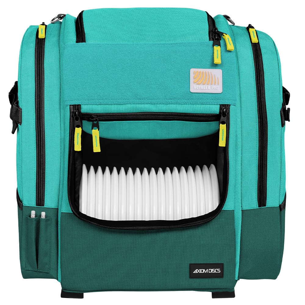 Axiom Discs Voyager Pro backpack full view showing ergonomic balance for longer rounds.