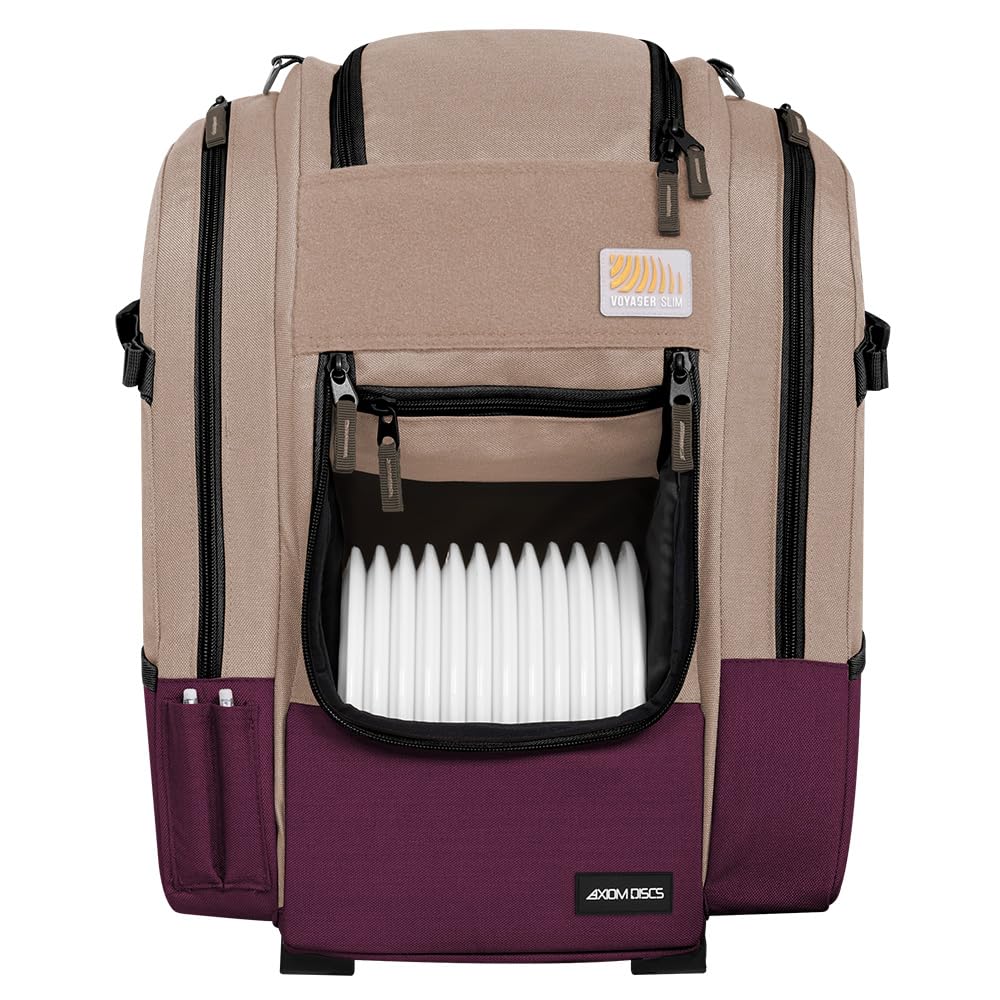Axiom Discs Voyager Slim bag front view in Dune/Purple on the course.