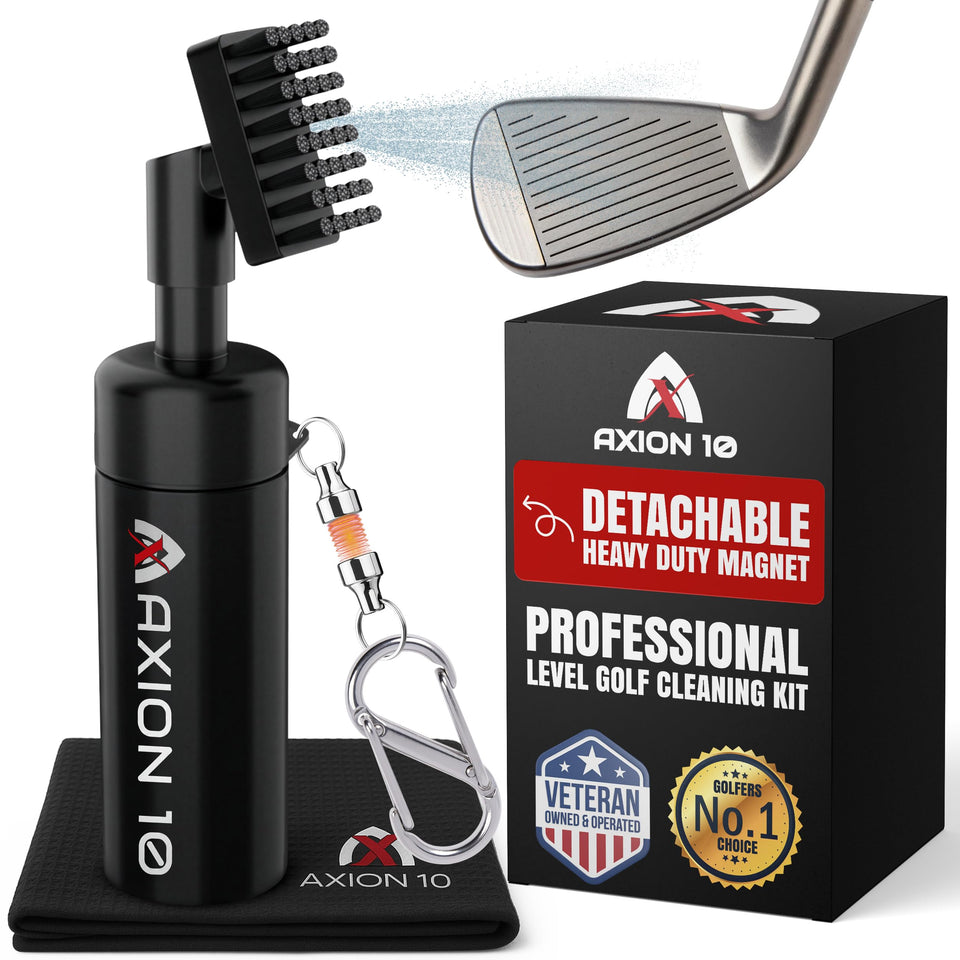 Axion10 water spray head on golf brush for on-course cleaning