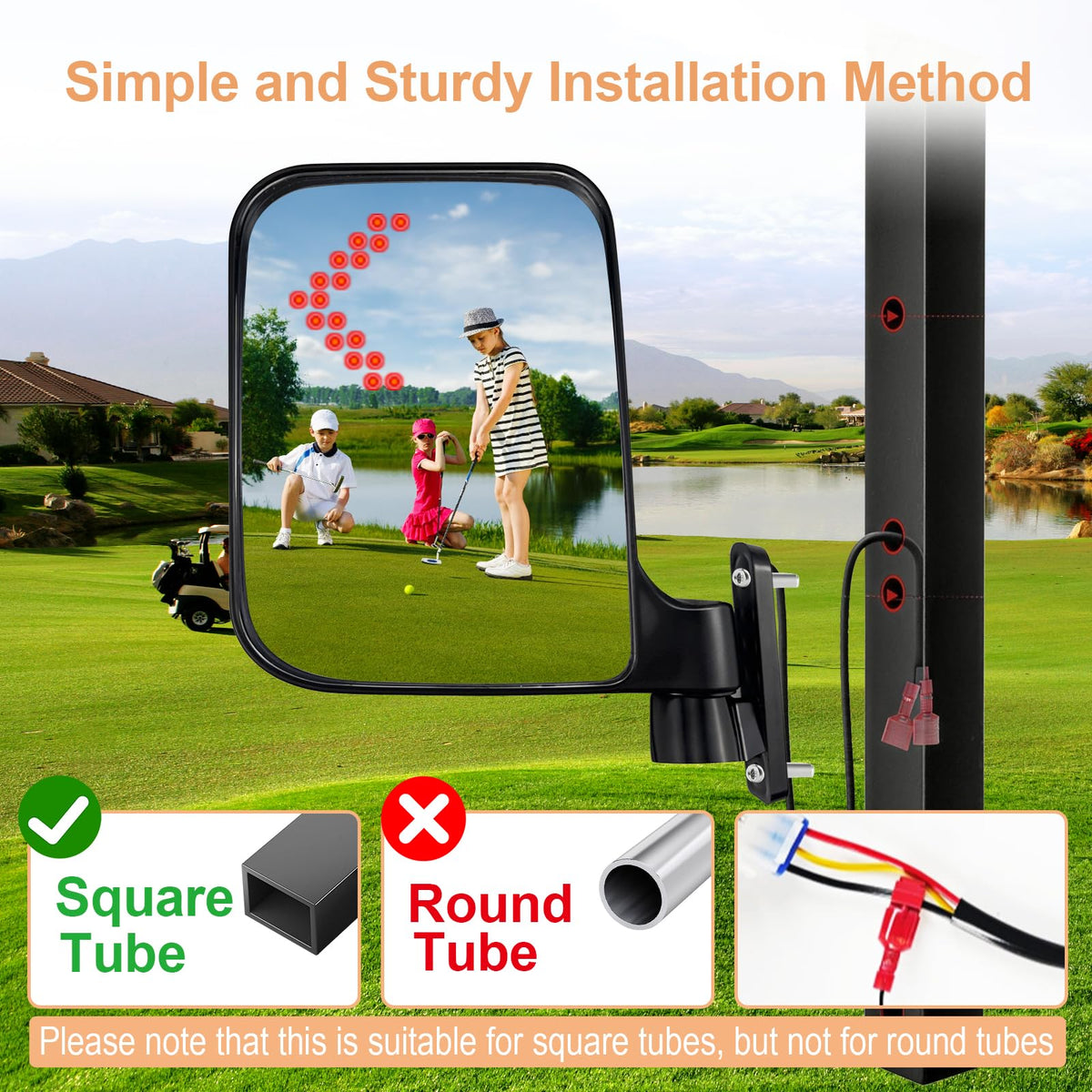 Axylar folding golf cart mirrors prevent scratches when parking.