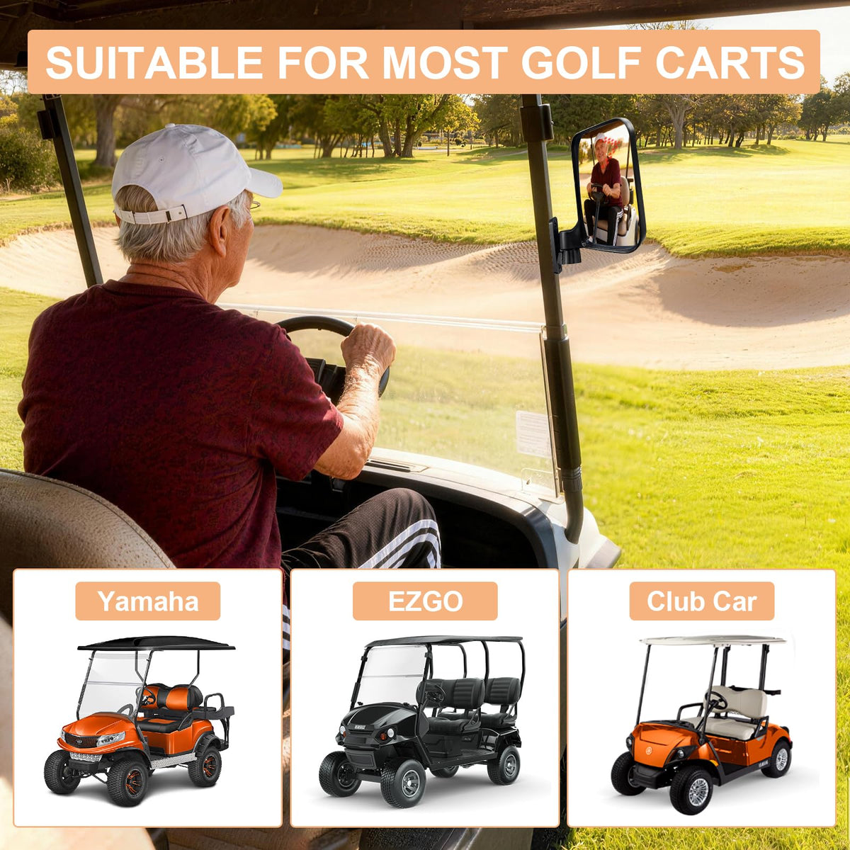 Axylar universal-fit mirrors install tool-free on common square-tube carts.