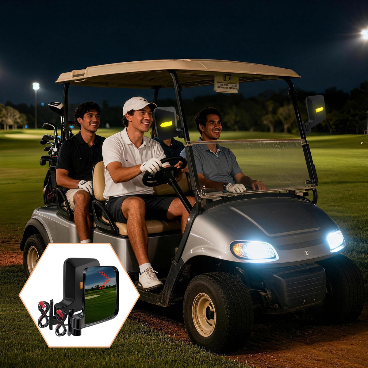 Axylar wide-view mirrors provide broad rear visibility for safer cruising.