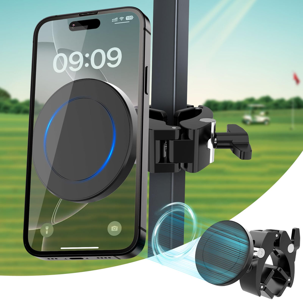 Azzoia golf phone holder with square post mount for a secure cart fit
