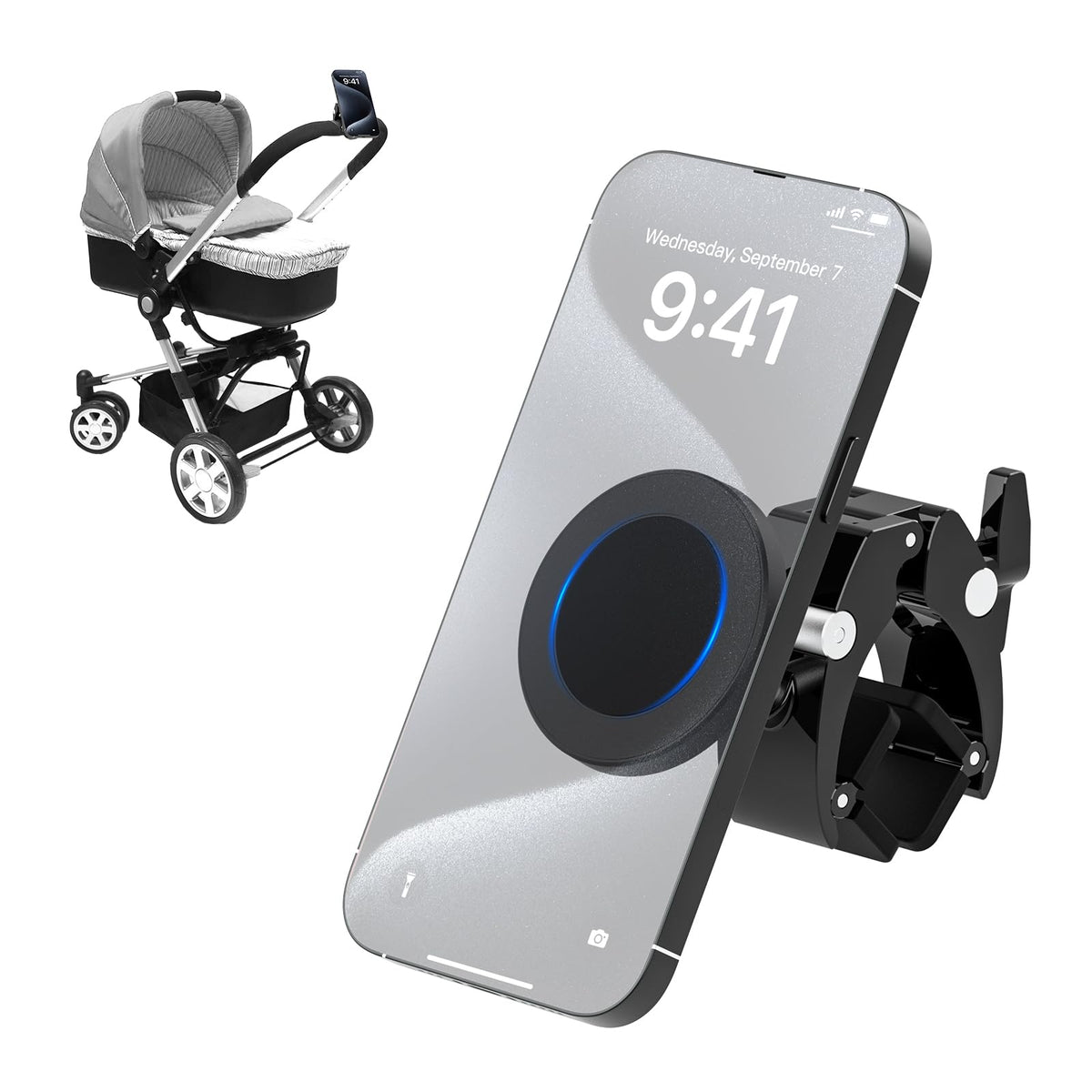 Azzoia magnetic stroller phone holder mounted on a pram for secure viewing.