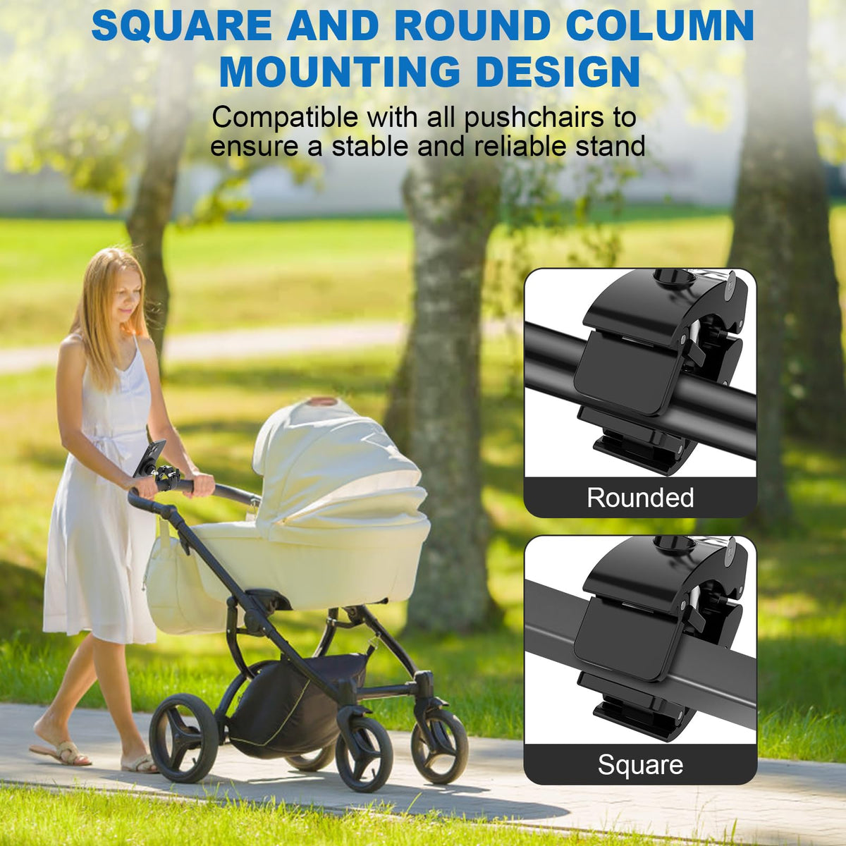 Azzoia one-handed installation demonstrated on a stroller.