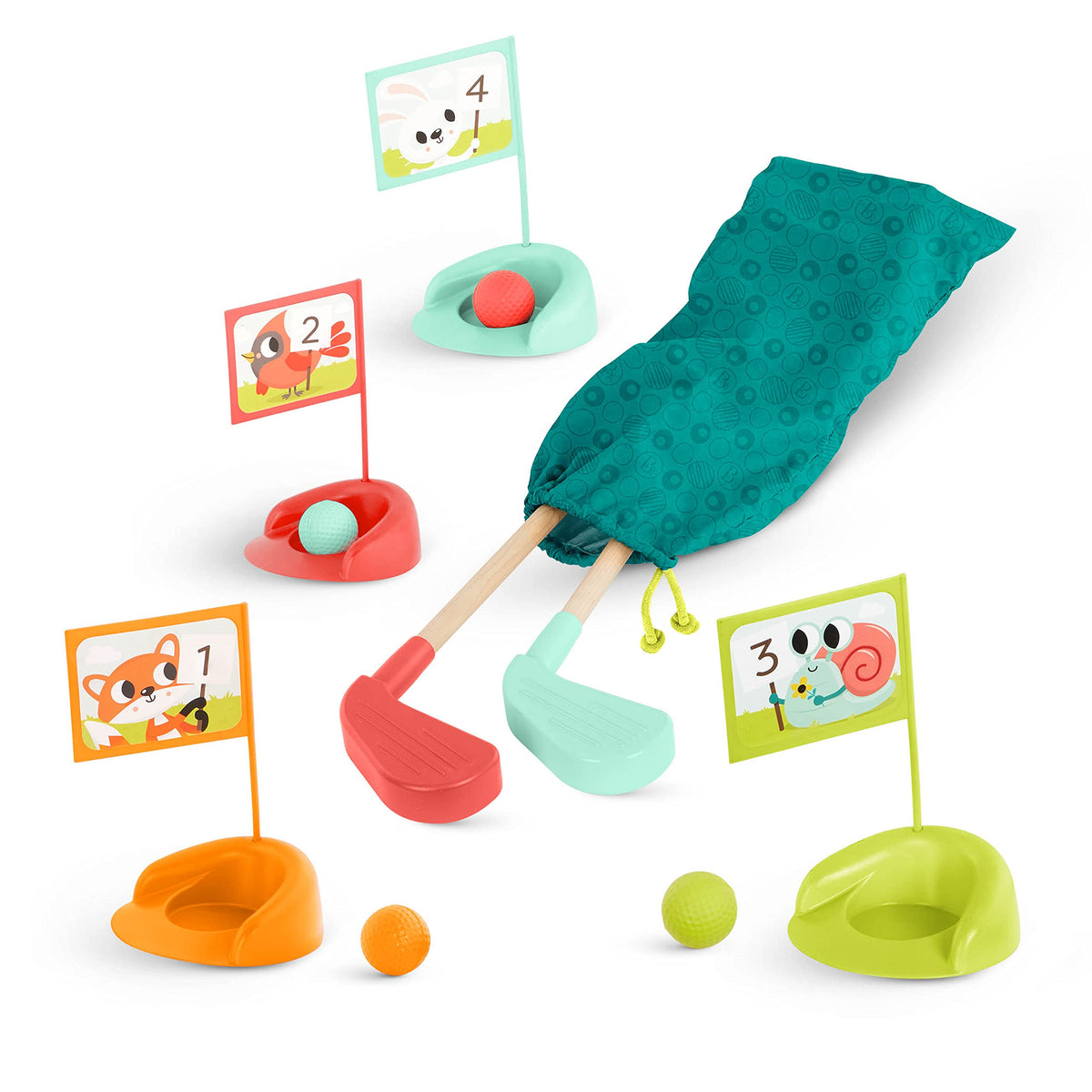 B. toys Hole-in-Fun wooden golf balls promote color recognition and active play.