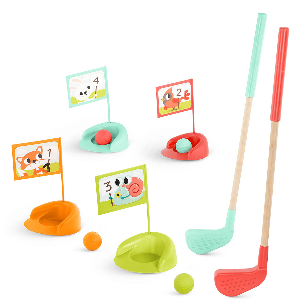 B. toys Hole-in-Fun wooden golf clubs are easy for little hands to grip.
