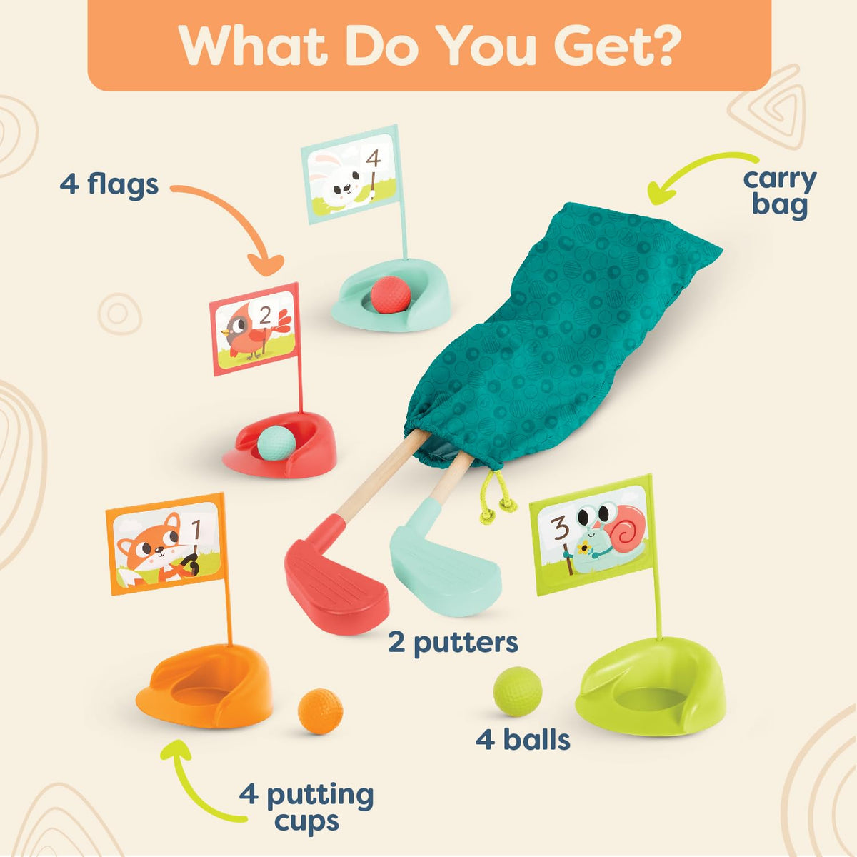 B. toys Hole-in-Fun storage bag keeps all pieces neatly together for easy setup.