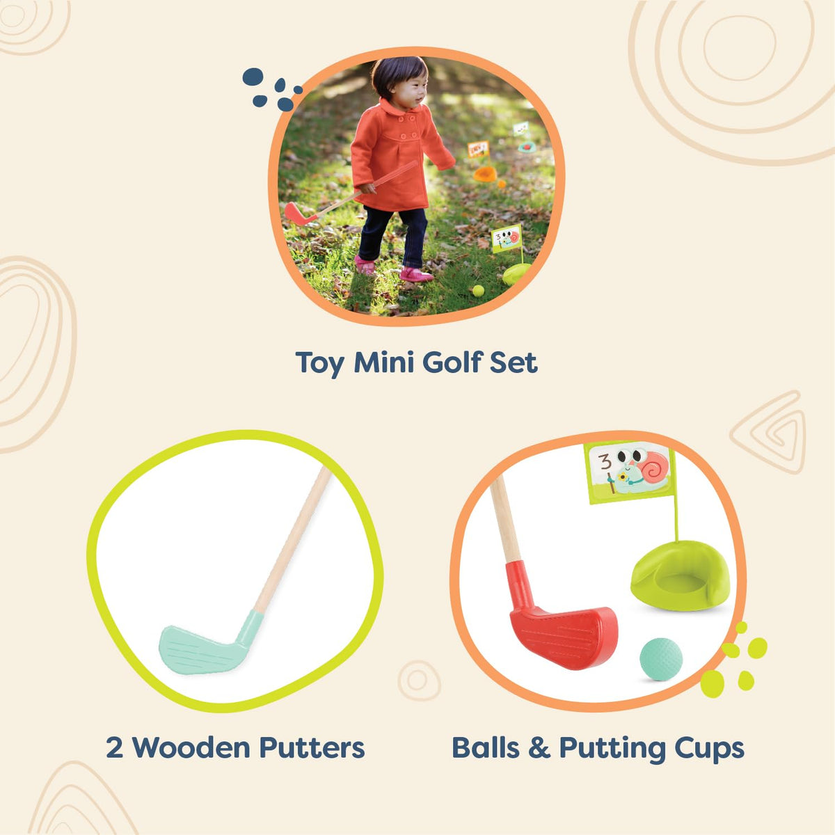 B. toys Hole-in-Fun wooden putting cups encourage precise aim and coordination.