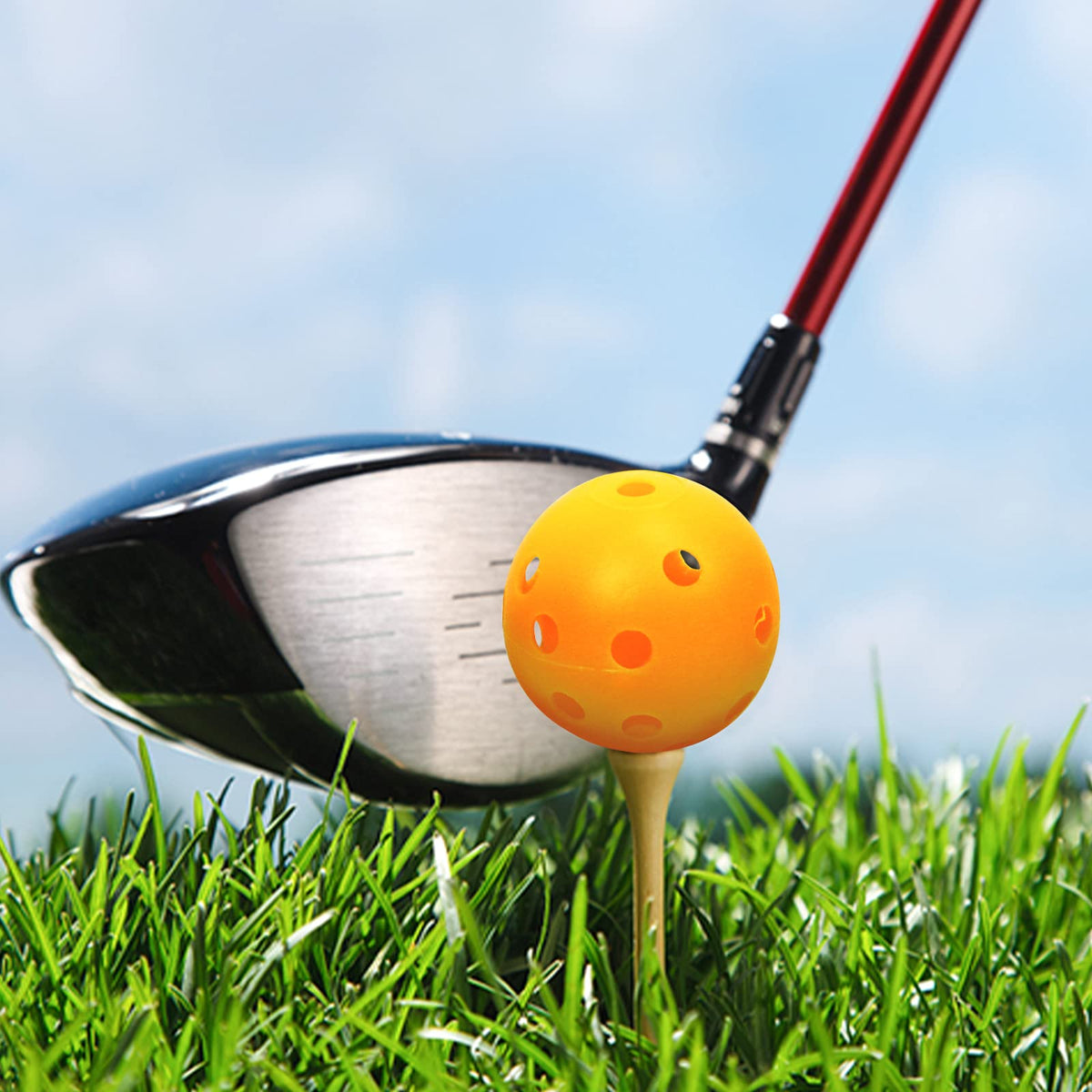 Backyard driving range setup with Bac-kitchen yellow golf balls for casual drills.