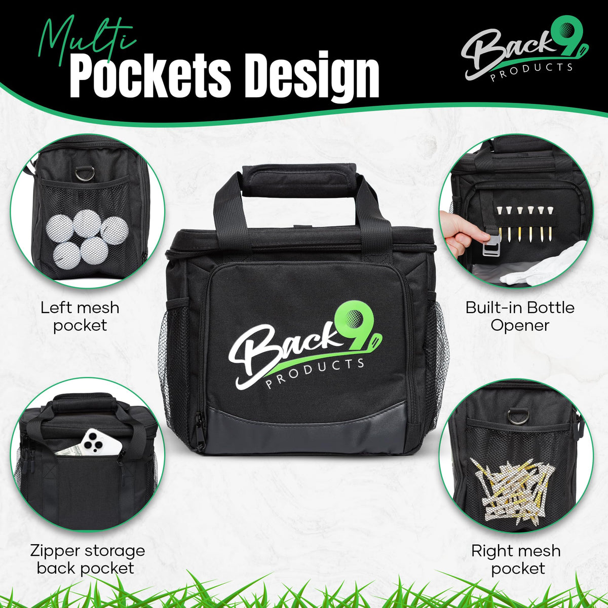 Back9 backpack cooler with storage pockets and bottle opener for easy post-hole refreshments.