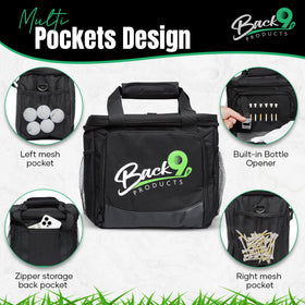Back9 backpack cooler with storage pockets and bottle opener for easy post-hole refreshments.