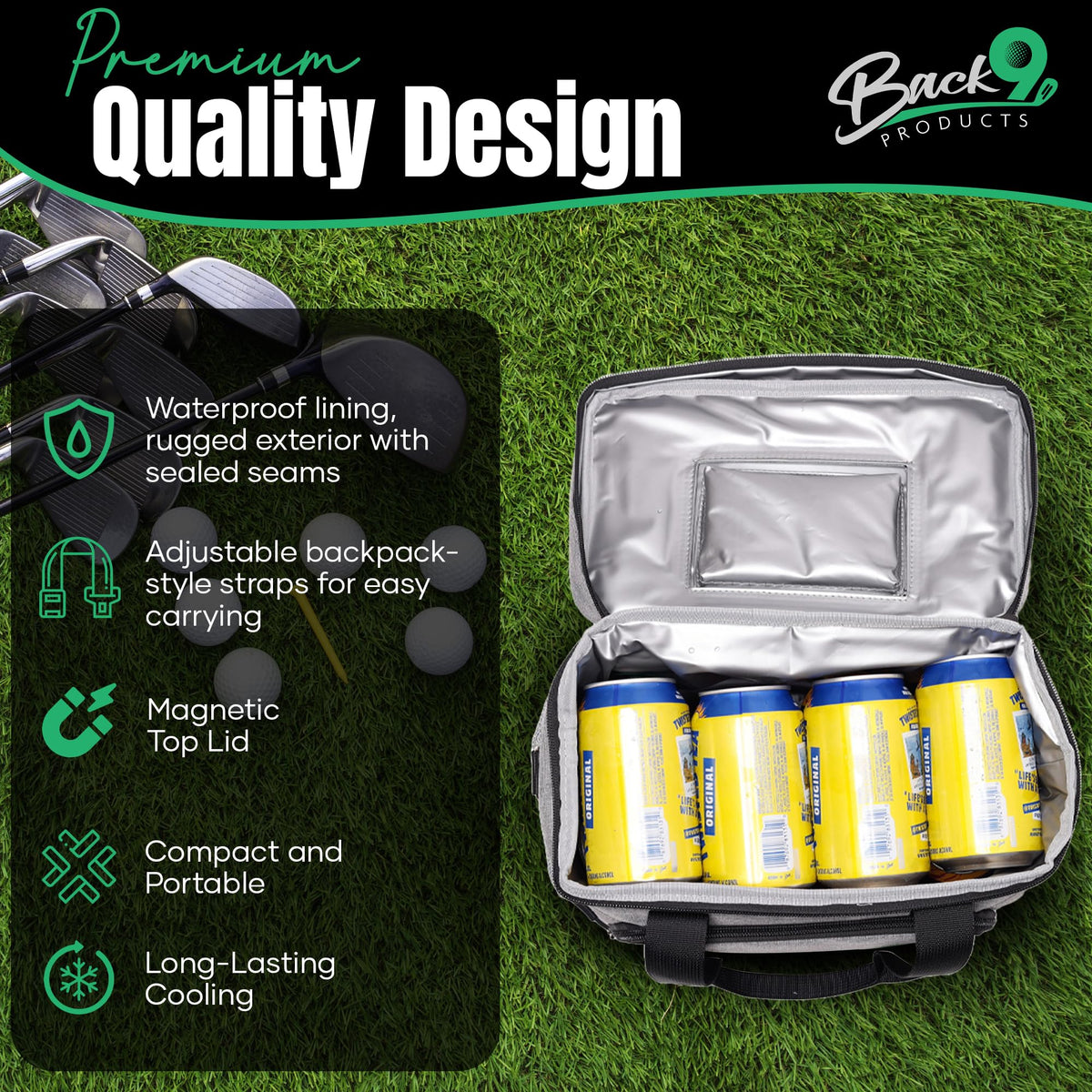 Back9 Products portable cooler ideal for travel, picnics and camps.