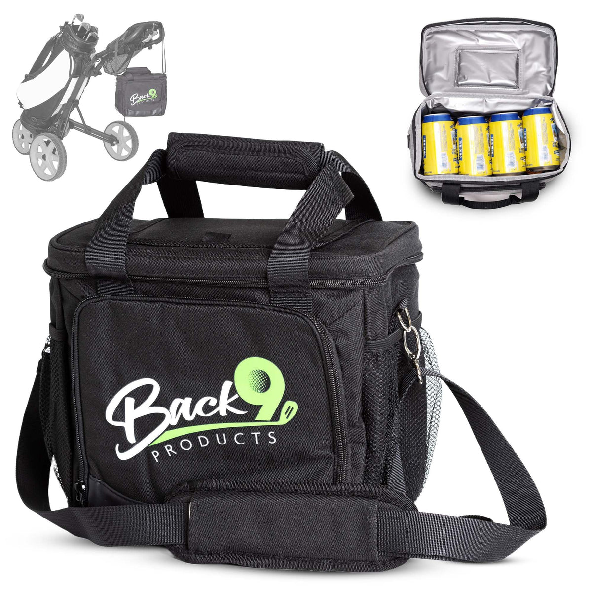 Back9 Products golf cart cooler with magnetic lid front view keeps drinks ready on the course.
