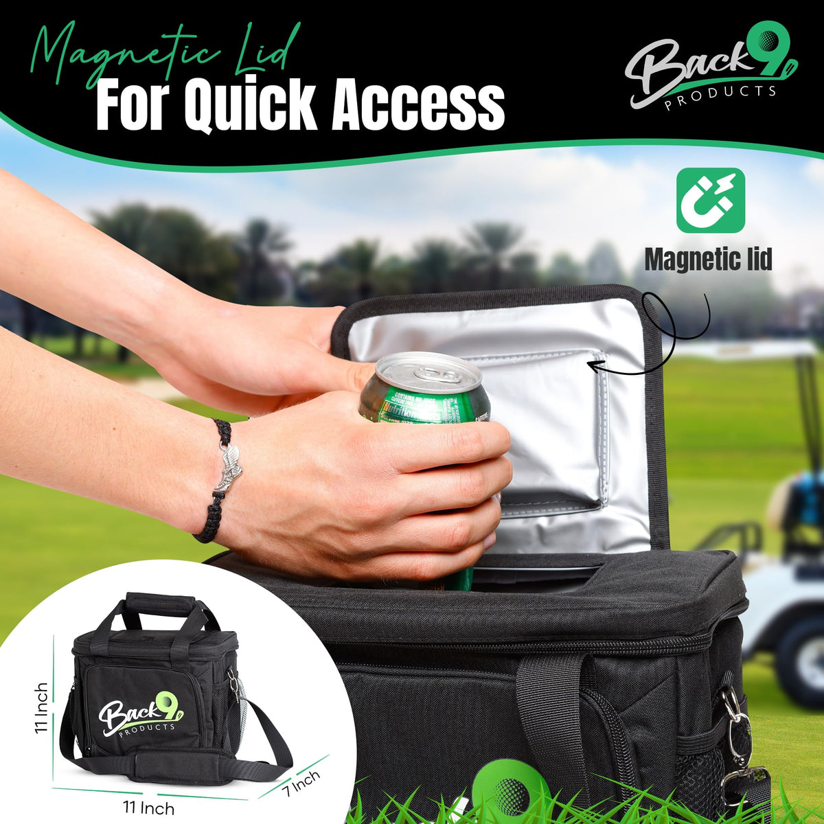 Back9 12-can soft-sided cooler bag demonstrates easy transport and day-long cooling.