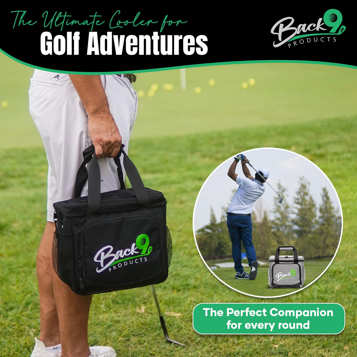 Back9 collapsible cooler bag fits large golf bag pockets for flexible storage.