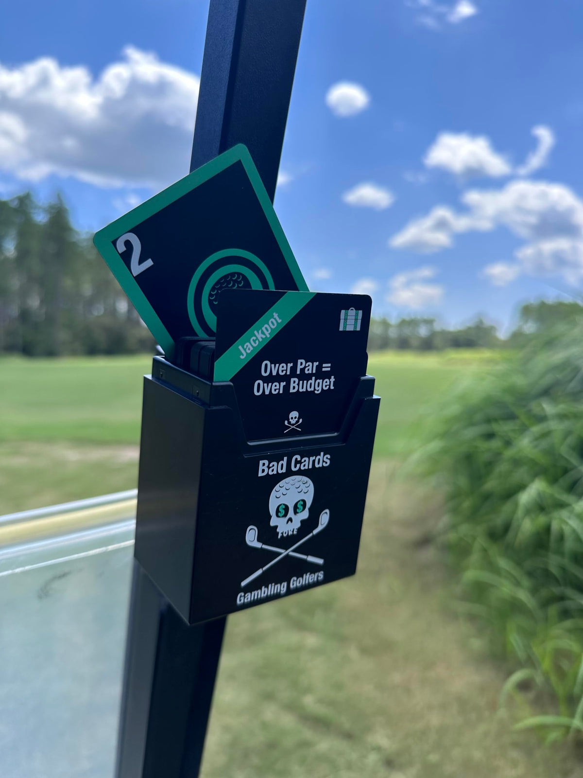 Cart strap attachment for Bad Cards Fore Gambling Golfers