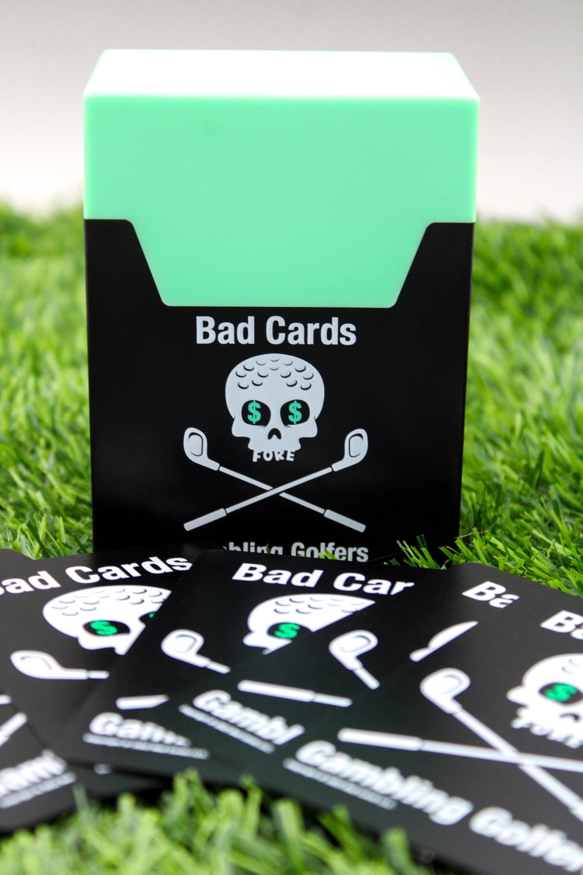 Close-up of Bad Cards Fore Gambling Golfers weatherproof PVC cards