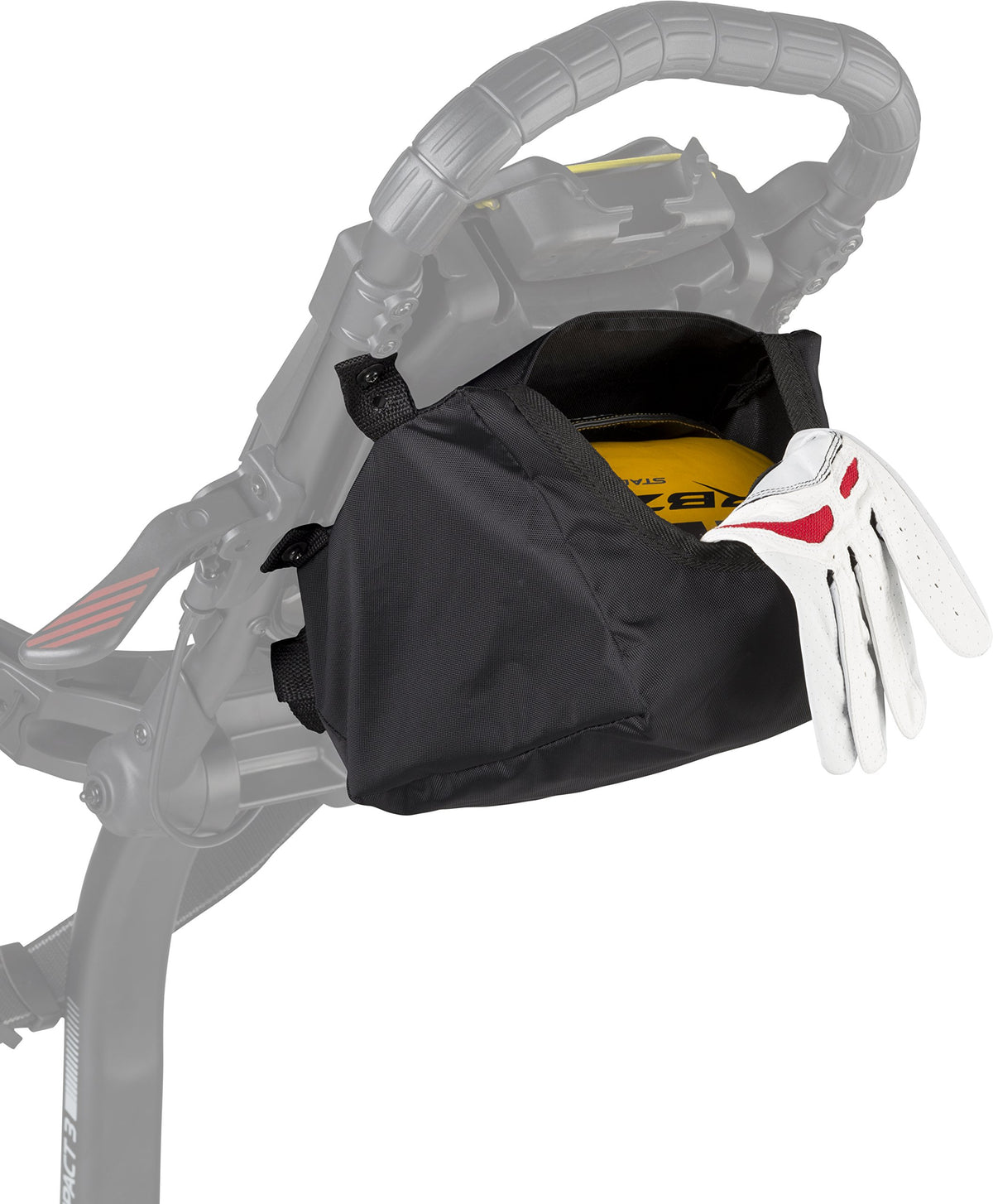 Bag Boy accessory bag mounted on Compact 3 cart for extra golf storage