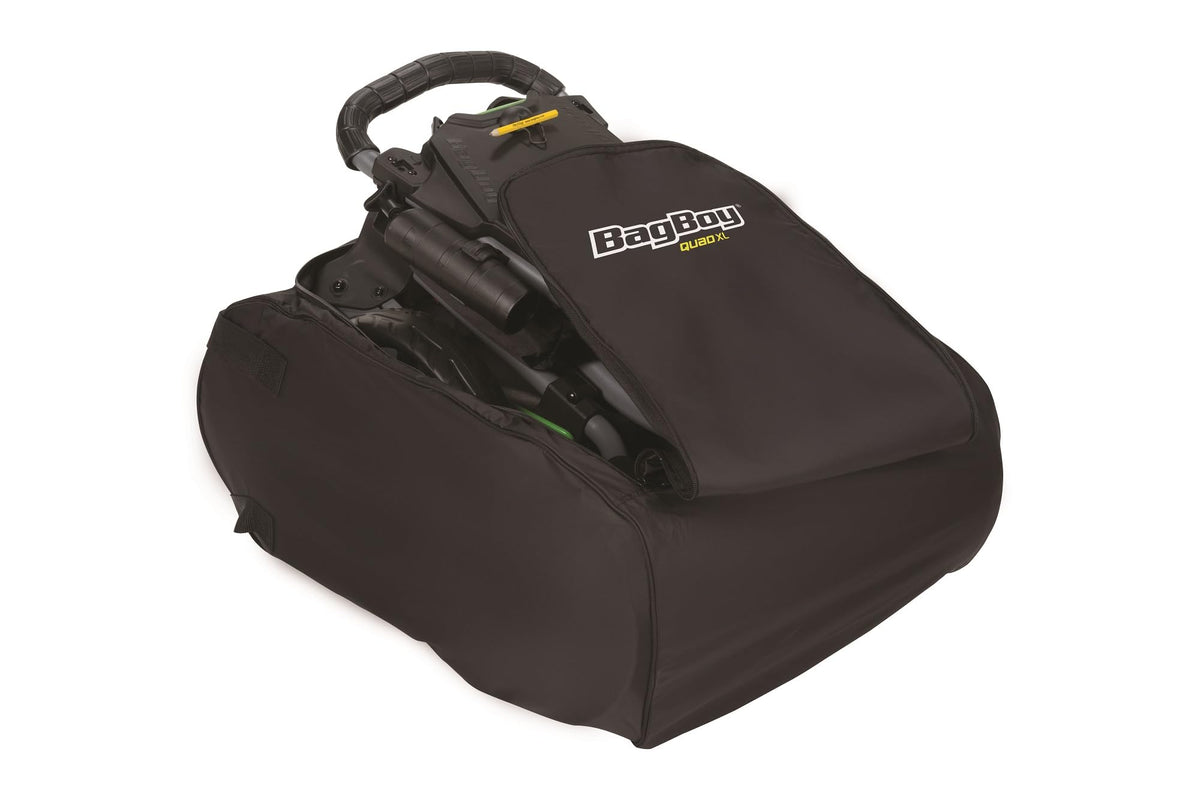Bag Boy Carry Bag Quad Black side view shields gear and keeps trunk clean