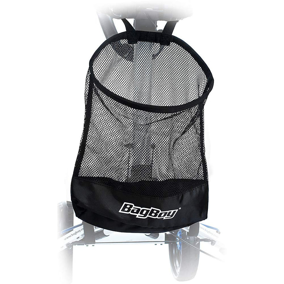 Bag Boy cart storage basket with always-open edge for quick access during shopping